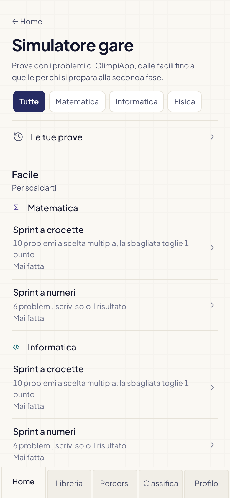 Il simulatore, con le prove di OlimpiApp per fascia e per materia